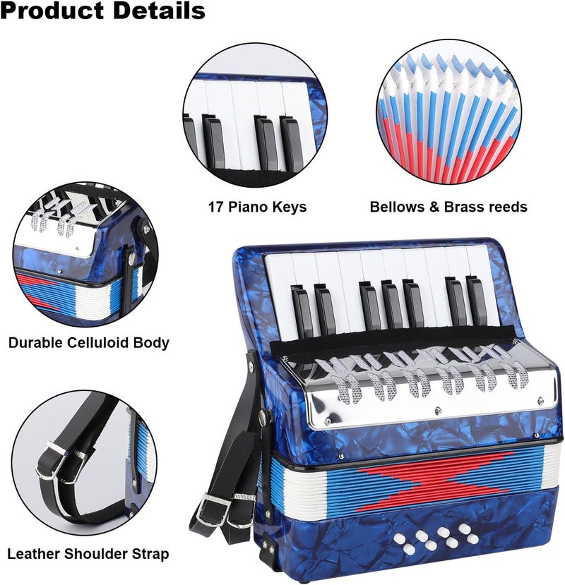 BGMUSER Mini Accordion Instrument 17 keys Accordian with Celluloid Body Strap for Beginners Acordeón (Blue) - Image 2
